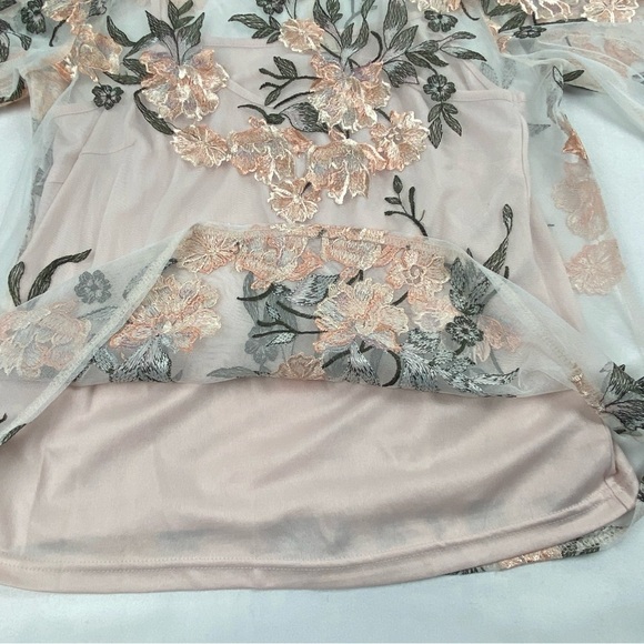 Anthropologie Luna Moon Floral Embroidered Sheer Top Cream Pink Beige Small - Picture 3 of 13